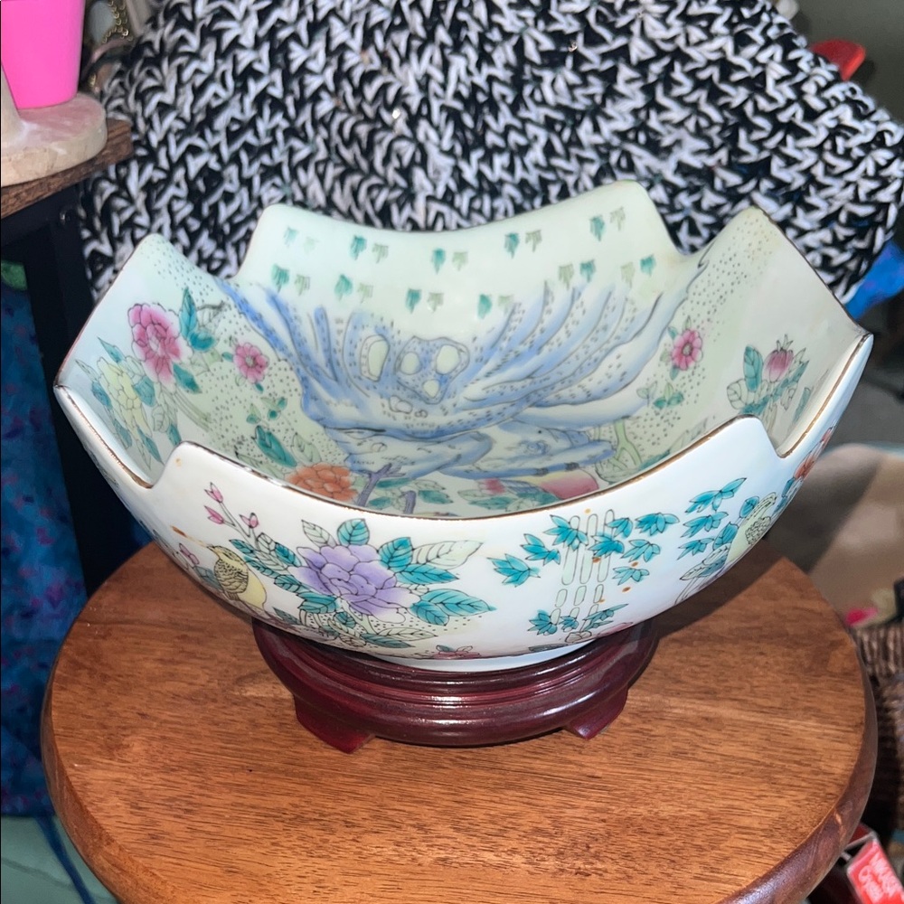 Vintage Chinese Satsuma Bowl Birds Of Paradise with Wood Stand - Picture 3 of 14